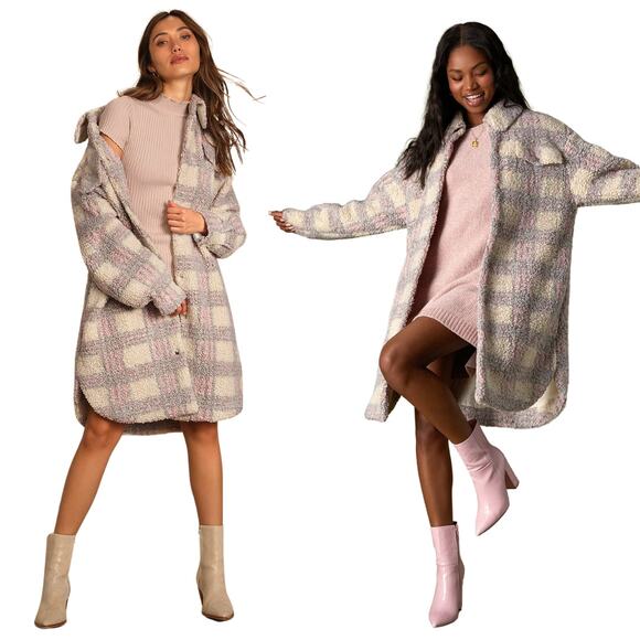 Lulus Winter Winds Plaid Fuzzy Teddy Shearling Jacket Beige Pink